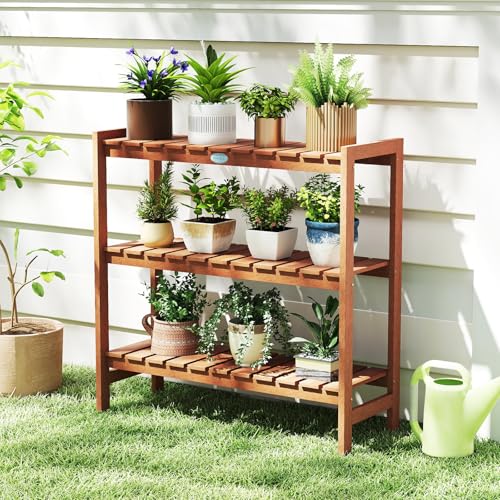 Giantex 3-Tier Plant Stand Indoor, Solid Wood Flower Pot Display Rack w/ Slatted Shelves, Take Oil Finish Bookshelf Shoe Rack, Indoor Outdoor Storage Shelf for Patio Garden Balcony Home Living Room Entryway - size: 13" x 36" x 35"
