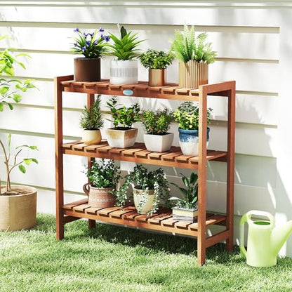 Giantex 3-Tier Plant Stand Indoor, Solid Wood Flower Pot Display Rack w/ Slatted Shelves, Take Oil Finish Bookshelf Shoe Rack, Indoor Outdoor Storage Shelf for Patio Garden Balcony Home Living Room Entryway - size: 13" x 36" x 35"
