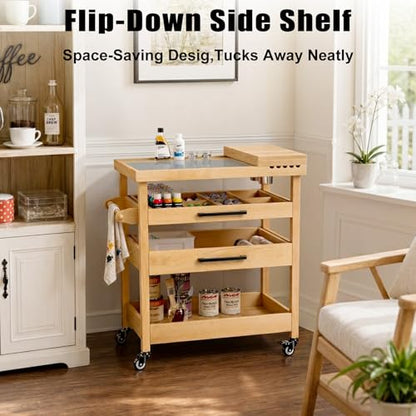 GDLF Art Storage Cart with 2 Drawers, Artist Taboret on Wheels with Tempered Glass Mixing Palette, Beech Wood Rolling Cart with Brush Holder, 2 Rinse Cups & Paper Towel/Towel Bar