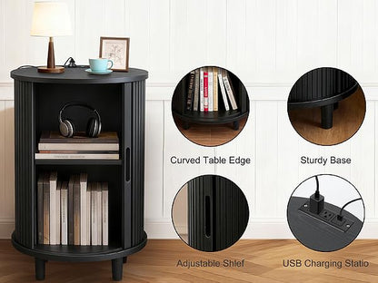 DHH End Table Set of 2 with Storage & Charging Station, Fluted Accent Side Table with Sliding Door & Adjustable Shelf, Mid-Century Nightstand for Small Spaces, Living Room, Bedroom(2,Black) - color: Black