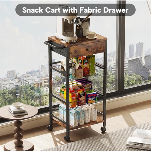 Kitchen Organizer and Storage Cart with Fabric Drawer and Convenient Handle, Snack Organizer Cart with 2 Pull-Out Baskets and 2 Storage Shelves, Rolling Kitchen Cart for Fruit Potato Onion Vegetable - style: 4 Tier with Drawer