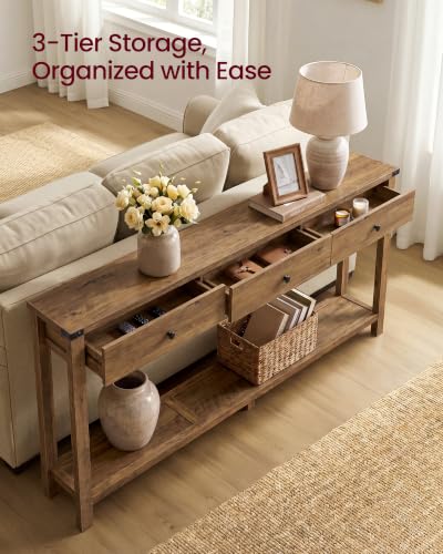 VASAGLE LIRY Collection Narrow Console Table with 3 Drawers, Brown | Long Sofa Table with Storage Shelf, 9.4 x 63 x 29.9 Inch, Farmhouse Style, Easy Assembly, ULNT148K101 - color: Honey Brown, size: 9.4"D x 63"W x 29.9"H