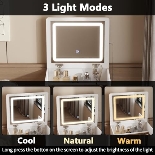 FUFU&GAGA Vanity Desk with Flip Top Mirror and Lights, Small Makeup Vanity Set with Glass Shelf, Space Saving Dressing Table with 3 Drawers & Cushion Stool for Bedroom, White 18.7”W x 15.7”D x 47.2”H