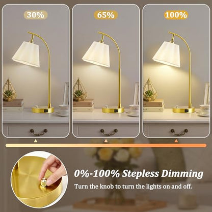 Gold Table Lamp Set of 2, Bedside Table Lamp with USB C+A Ports, Stepless Dimmable Nightstand Lamp, Small Cute Bedroom Lamps, Flower Lamp for Bedroom, Living Room, Home Office(Bulbs Included, Gold) - color: white shade & gold base