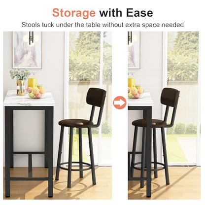 AWQM 3 Piece Bar Table Set of 2,39.3" Pub Bar Table and Chairs Set,Faux Marble Bar Height Table with 2 Backrest Stools,Small Dining Table for 2,Kitchen Table Set for Small Space,White & Brown - color: White & Black & Brown