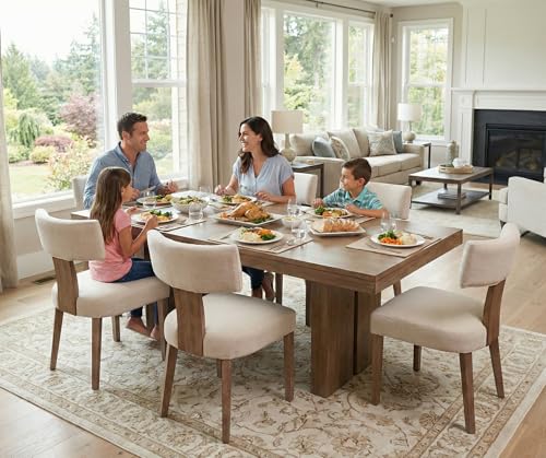 RIVOVA Mid Century Modern Dining Chairs Set of 4 Upholstered Linen Fabric Dining Chairs Curved Backrest Farmhouse Dining Room Chairs Kitchen Chairs with Wood Legs, Beige - color: Beige Curved