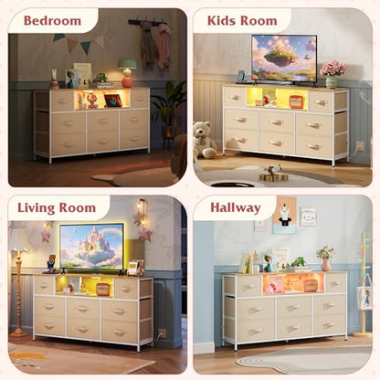 WLIVE Dresser TV Stand for 45, 50, 55 inch TV, Entertainment Center with LED Lights & Charging Station, Chest of Drawers with 8 Fabric Drawers and Open Shelves for Living Room, Hallway, Cream White - color: Cream White