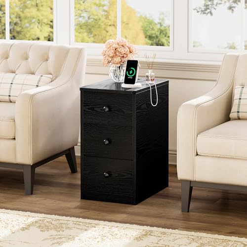 LIKIMIO Nightstand with Charging Station, 3 Drawers Modern for Bedroom - color: Black