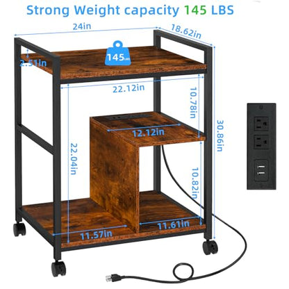 Lerliuo 24" Wide Large Printer Stand with Storage, Brown | Printer Table for Home Office with Charging Station, 3 Tier Industrial Mobile Printer Cart with Lockable Wheels - color: Brown