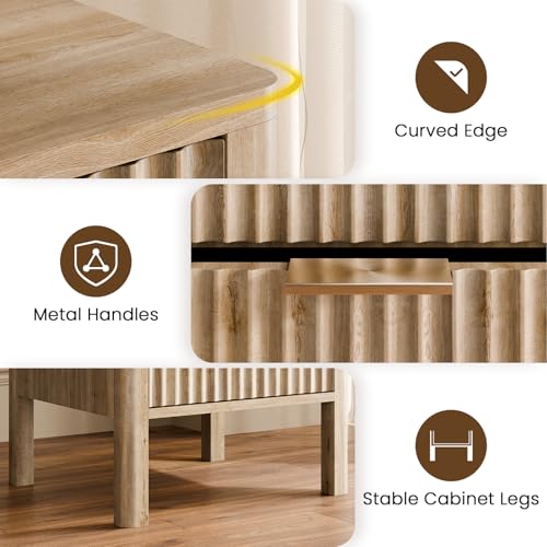 MODNEST 18" Fluted Nightstands Set of 2, Bed Side Tables Oak | Mid Century Modern Night Stand with Drawers for Bedroom Wood Nightstand Small End Table Bedroom Set - color: Oak, size: 15.7"D x 17.7"W x 20.7"H (2 Drawers)