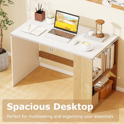 Giantex Small Desk with Bookshelf, 44 Inch Modern Computer Desk for Small Spaces, Laptop PC Desk, Vanity Table for Bedroom, Study Writing Desk for Home Office (White+Natural) - color: White+natural
