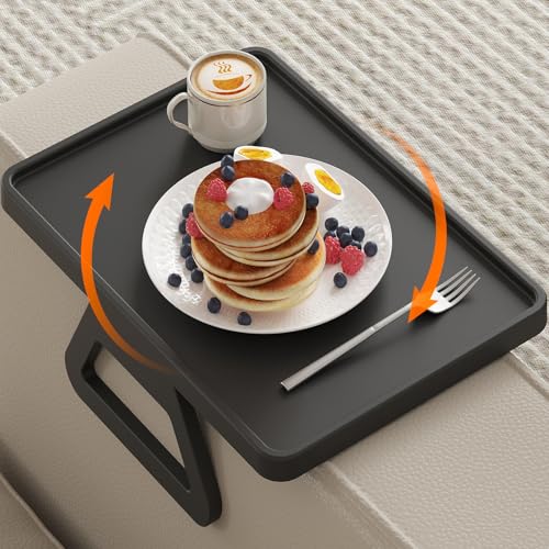 Lifewit Plastic Rotating Couch Armrest Table, Adjustable Sofa Arm Clip Holder Tray for Snack/Fast Food/Fruit/Drink, Large Foldable Stable Sofa Table with Reinforced Clamp, Black - color: Black
