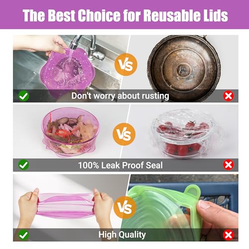 Silicone Stretch Lids for Food Storage in Fridge, Reusable Elastic Bowl Covers for Cup, Cans, Jars, Round & Rectangle Container, Food Grade Silicone Microwave Food Cover, Purple, 6PCS - color: 6 Pcs Purple