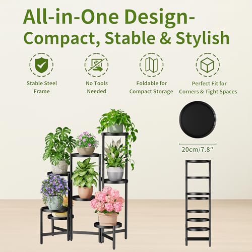 8 Tier Black Heavy Duty Adjustable Plant Shelf 7.9 Inch Tray for Patio - color: BlackDisk, size: 7-tiers