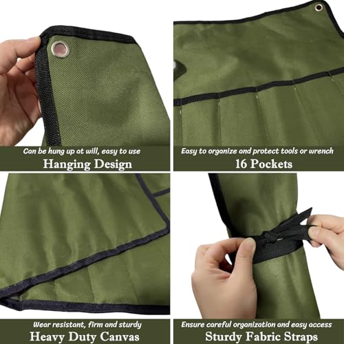 BLIRITEL 16 Pockets Wrench Roll Up Pouch, Wrench Roll Organizer and Tool Storage, Rolled Tool Pouch for Mechanic Electrician Craftsman (Green) - color: Green