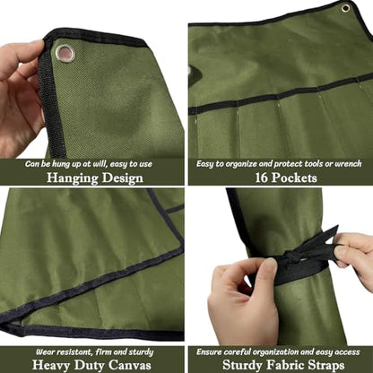 BLIRITEL 16 Pockets Wrench Roll Up Pouch, Wrench Roll Organizer and Tool Storage, Rolled Tool Pouch for Mechanic Electrician Craftsman (Green) - color: Green