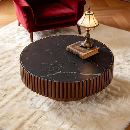 Round Coffee Table Walnut Ø35.43'' X 13.77''H Drum Coffee Tables Sintered Stone Tabletop for Living Room Small Space Fluted Circle Cocktail Tea Modern Center Apartment Home Furniture Easy Assembly - color: 35.43 Walnut Sintered