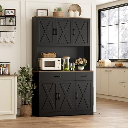 HOSTACK 71" Pantry Cabinet with Charging Station, Tall Kitchen Pantry Storage Cabinet with Microwave Stand, Farmhouse Kitchen Hutch with Storage Drawers for Living Room, Dining Room, Black - color: Black/Rustic Brown