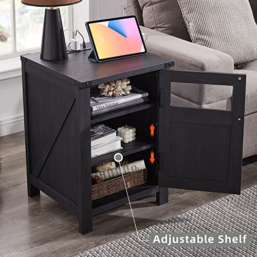 JXQTLINGMU Farmhouse End Table with Charging Station, 18'' Rustic Nightstand with Barn Door & Adjustable Shelf, Wooden Sofa Side Table with 3-Tier Storage for Living Room, Bedroom, Black - color: Black