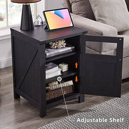 JXQTLINGMU Farmhouse End Table with Charging Station, 18'' Rustic Nightstand with Barn Door & Adjustable Shelf, Wooden Sofa Side Table with 3-Tier Storage for Living Room, Bedroom, Black - color: Black