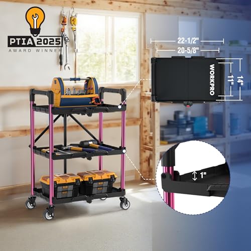 WORKPRO 3-Tier Collapsible Service Cart, Black/Pink, 210 LBS Foldable Utility Cart with Wheels, Portable Rolling Tool Cart for Garage, Warehouse, Home, Restaurant and Office (No Assembly Required) - color: Black/Glossy Pink