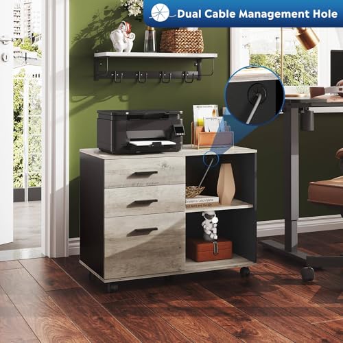 DEVAISE 3 Drawer Mobile File Cabinet, Wood Lateral Filing Cabinet, Printer Stand with Open Shelves for Home Office, Greige - color: Greige, style: Modern