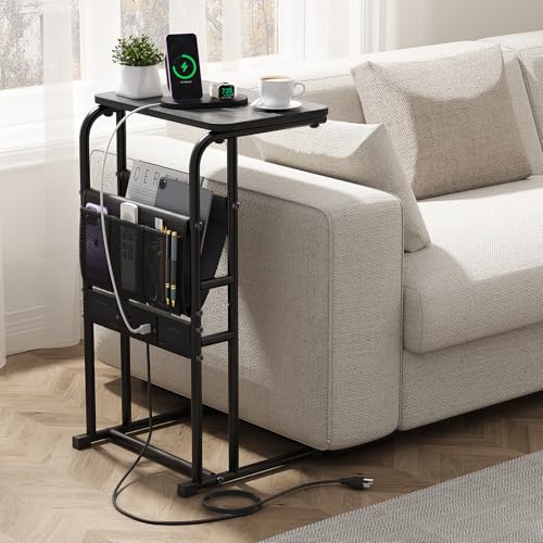 Olldide C-Shaped End Table with Charging Station and Storage Bag, Slide Under Couch Sofa Side Table, Metal Frame for Living Room, Bedroom, Small Space (Black) - color: Black-1, size: 29in height