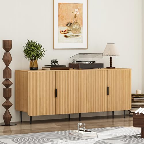 65" Fluted Sideboard Buffet Cabinet with Storage, Console Cabinet with 4 Doors & Adjustable Shelves, Modern Buffet Table for Kitchen Dining Living Room Hallway‌ Entryway, Natural - color: Natural
