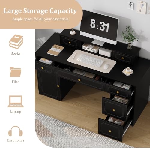 Catrimown Black Desk with 7 Drawers, 54 Inch Computer Desk with Cabinet for Work Writing Study, Vanity Desk with Golden Handle for Girls, Bedroom - color: Black