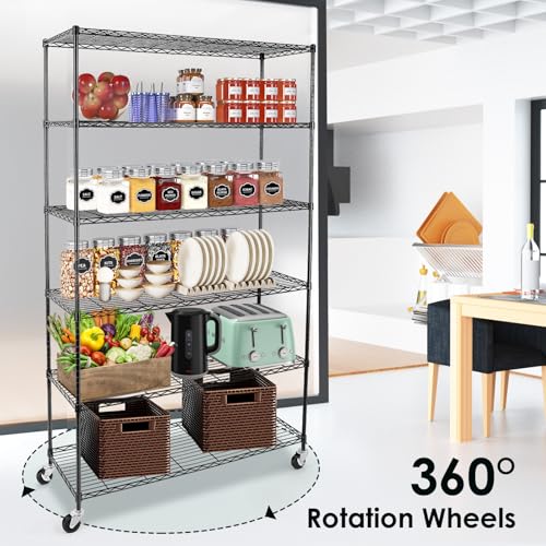 WDT 6 Tier Shelf Shelving Unit with Wheels,Adjustable Metal Shelves for Storage, NSF Black Wire Shelving Rack, 2100Lbs Capacity Heavy Duty Shelving Storage Shelves for Kitchen Garage,47" Dx17 Wx80 H - size: 6Tier 47"W x 17"D x 80"H