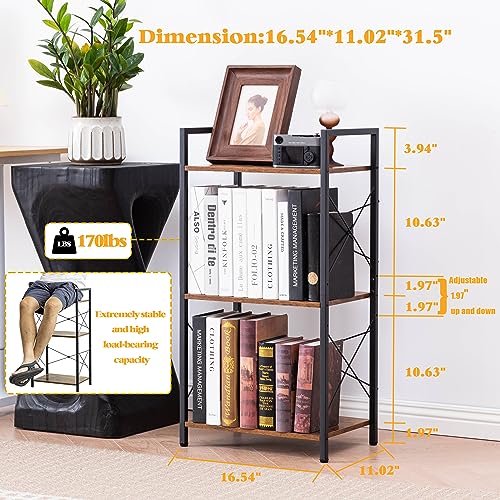 HCHQHS Small Bookshelf, Adjustable 3-Tier Industrial Bookcase, Rustic Open Book Shelf, Wood and Metal Horizontal Bookshelves - color: Rustic Brown, size: 3-Tier (16.5"W x 31.5"H, Adjustable)