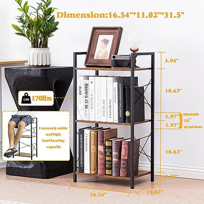 HCHQHS Small Bookshelf, Adjustable 3-Tier Industrial Bookcase, Rustic Open Book Shelf, Wood and Metal Horizontal Bookshelves - color: Rustic Brown, size: 3-Tier (16.5"W x 31.5"H, Adjustable)