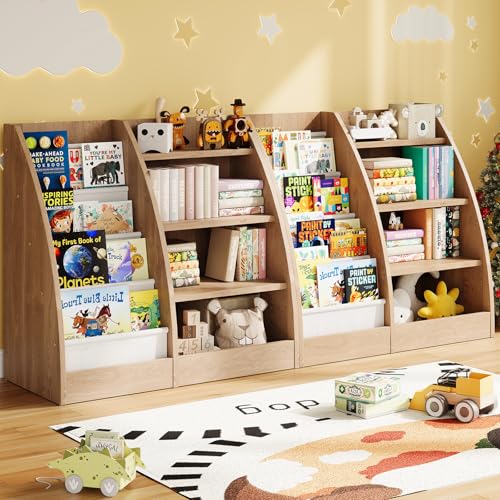4 Tier Kids Bookshelf Set of 2,4 Layer Sling Kids Book Shelf for Kids Rooms,Wood Children Bookcase,Baby Storage Book Rack,Toddler Bookshelf, Book and Toy Organizer,Book Display Shelf for Nursery - color: Burlywood, size: L-2PC
