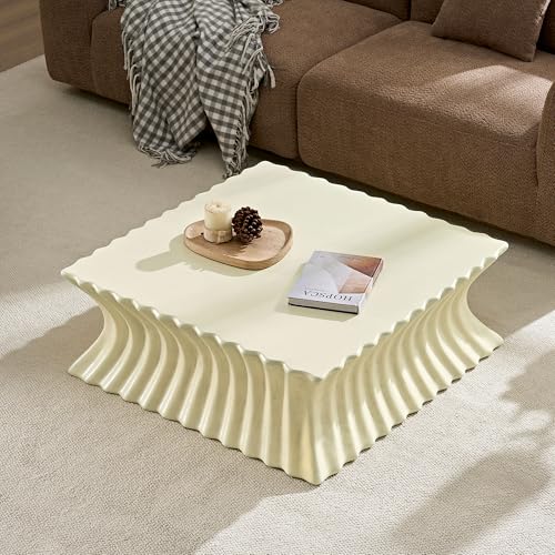 35.43'' Square Coffee Table Faux Stone Coffee Table for Living Room Modern Faux Marble Coffee Tables for Indoor Outdoor Square Center Tables No Assembly, Beige - color: Biscuit-square