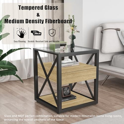 Bellemave 1 piece Small End Table with Drawer, Nightstand for Bedroom & Living Room, Wood MDF &Tempered Glass, Metal Frame, Industrial Style Side Table,Easy Assemble, Natural - style: with drawer