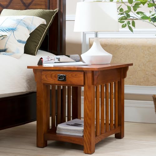 Leick Home Mission End Table, Solid Wood Construction, 1 Storage Drawer, Bottom Display Shelf, Slatted Sides, Easy-Assembly, Medium Oak, 25.0 in. W x 22.0 in. L x 23.0 In. H, 8207 - color: Medium Oak