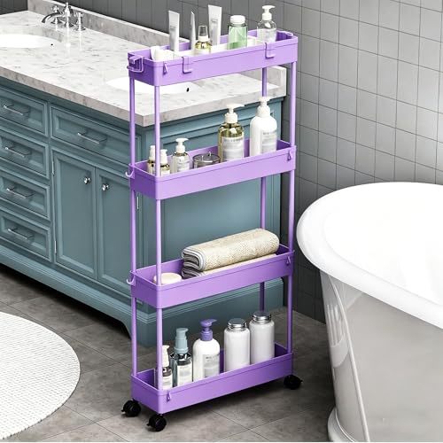 SPACELEAD Slim Storage Cart 3 Tier,Bathroom Organizer Rolling Utility,Mobile Shelving Unit Slide Out for Office, Kitchen, Laundry Room & Narrow Places,Purple - color: Purple