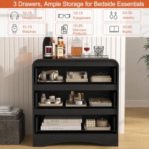 32" Large Night stand, 3 Drawer Nightstand with Spacious Drawers | Pre-Installed Slides, Wood Bedside Table, Modern End Table, Curved Nightstand for Bedroom Sofa Couch Office, Black - color: Black, size: 3 Drawer