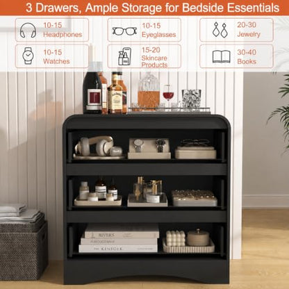 32" Large Night stand, 3 Drawer Nightstand with Spacious Drawers | Pre-Installed Slides, Wood Bedside Table, Modern End Table, Curved Nightstand for Bedroom Sofa Couch Office, Black - color: Black, size: 3 Drawer