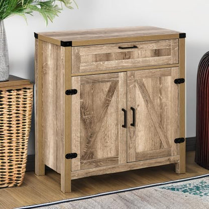 HOMCOM Sideboard, Storage Drawer, Coffee Bar Cabinet, Oak | Kitchen Cabinet, 2 Barn Doors, Modern Farmhouse - color: Oak