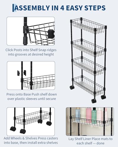 4-Tier Slim Rolling Storage Cart, 5.91" Wide Narrow Metal Utility Cart on Wheels, Multi-Functional Adjustable Shelving Unit with Anti-Fall Pads for Kitchen Gap, Bathroom, Laundry Room, Black - size: 4-tier