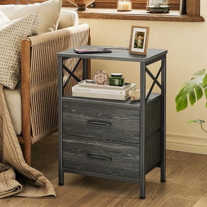 Huuger Nightstands Set of 2, Night Stand with Charger Station, 2 Drawer Side Table with Open Shelf, USB-C Port, End Table for Small Spaces, X Shaped Side Rail, Charcoal Black - color: Charcoal Black Wood Grain Print