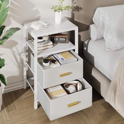 Nightstand 2 Drawers Side Table Modern Bedside End Table | White night stand with 2 fabric drawers, double layer shelf, metal frame, space saving end table for bedroom and living room - size: 2 Drawers, Single Piece
