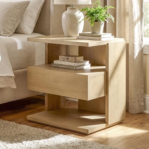 Christopher Knight Home 22" Mid-Century Modern Nightstand with Storage Drawer & 3-Tier Open Shelves, Wooden Bedside Table Small Side End Table Night Stand for Bedroom Living Room Small Space, Natural - color: Natural, size: 1pc