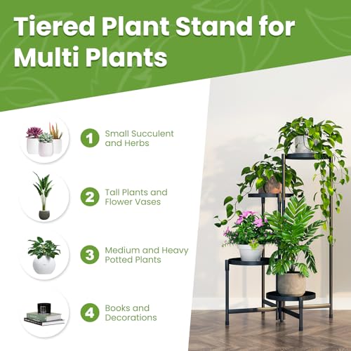 Plant Stand Indoor Outdoor, 4 Tier Corner Metal Flower Display Holder Shelf, Folding Tall Orchid Rack for Patio Balcony Porch Garden Living Room House, Black
