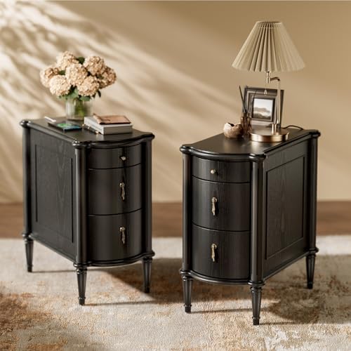 STO'SENSE Nightstand w/Charging Station & 3 Drawers, Pre-Assembled, Vintage Side Table w/Antique-Finished Pulls, Rustic Wood Finish, Narrow End Table w/Turned Legs for Bedroom (2, Black) - color: Black