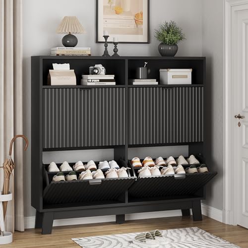 Xixini Shoe Cabinet with 4 Flip Drawers, 46" Tall Narrow Fluted Shoe Storage Organizer for Entryway, Hidden Slim Wooden Shoe Rack Cabinet for Front Door Entrance, Hallway, Living Room, Solid Black - color: Solid Black, size: 4 Flip Drawers