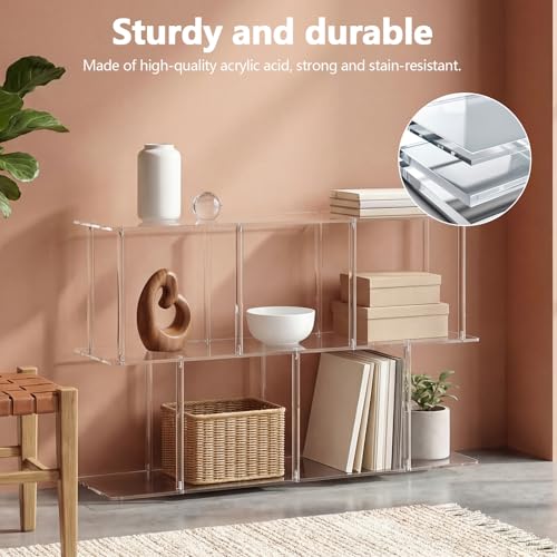 3-Tier Acrylic Clear Bookshelf 11.8''D X 47.2''W X 24.6''H Horizontal Bookshelf with Large Storage Cube Organizer Shelf Easy Assembly for Home Office Living Room Bedroom