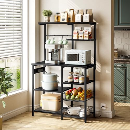 HOOBRO Large Bakers Rack with Power Outlets, 6-Tier Microwave Stand with 4 Hooks, Coffee Bar, Kitchen Shelf with Wire Basket, for Kitchen, Living Room, Office, Black BB64UHB01 - color: Black