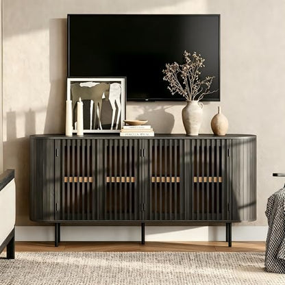 WAMPAT 64.4" Fluted TV Stand, Wood Entertainment Center for TVs Up to 70 inches, Curved Edge Media Console Table with Doors and Shelves for Living Room, Bedroom, Black - color: Black